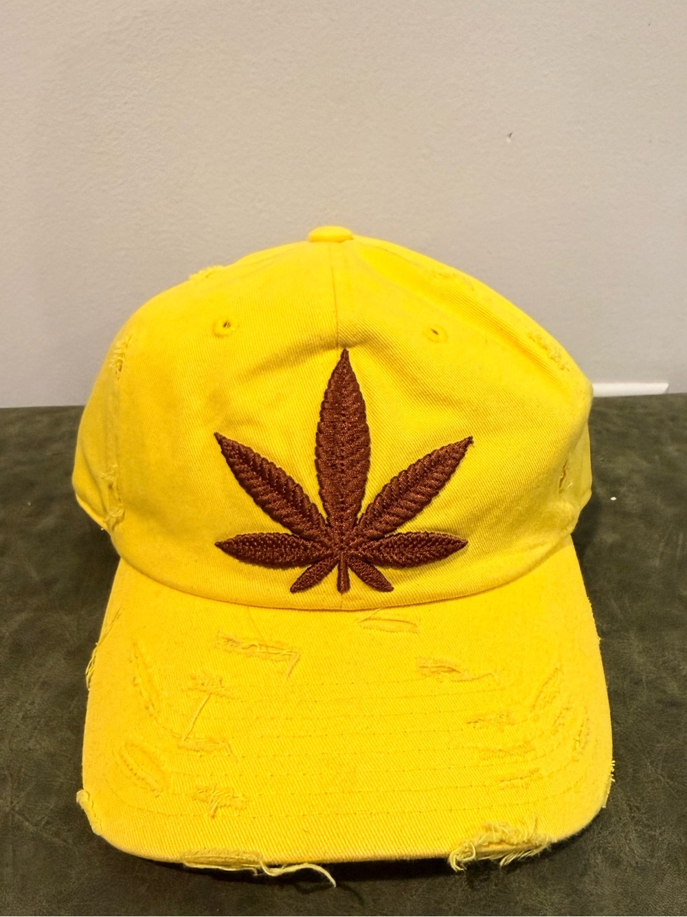 Yellow Distressed Cap with Brown Cannabis leaf Embroidery NWOT